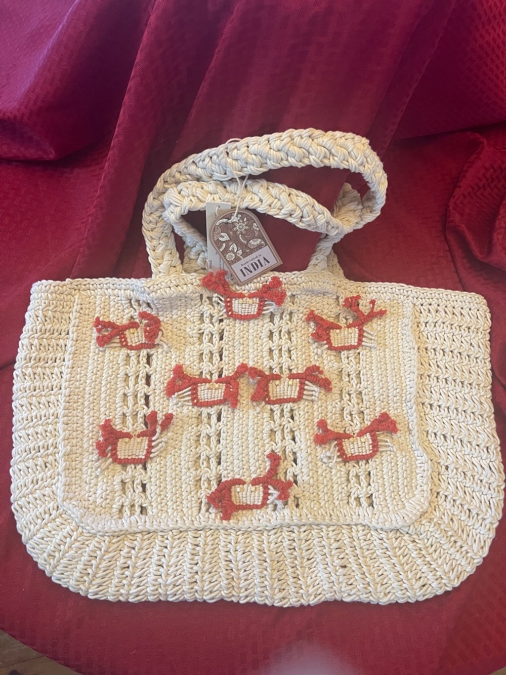 Cream Crochet Tote with Coral Horse Embroidery
